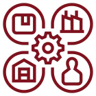 Industrial icons connected by a central gear.